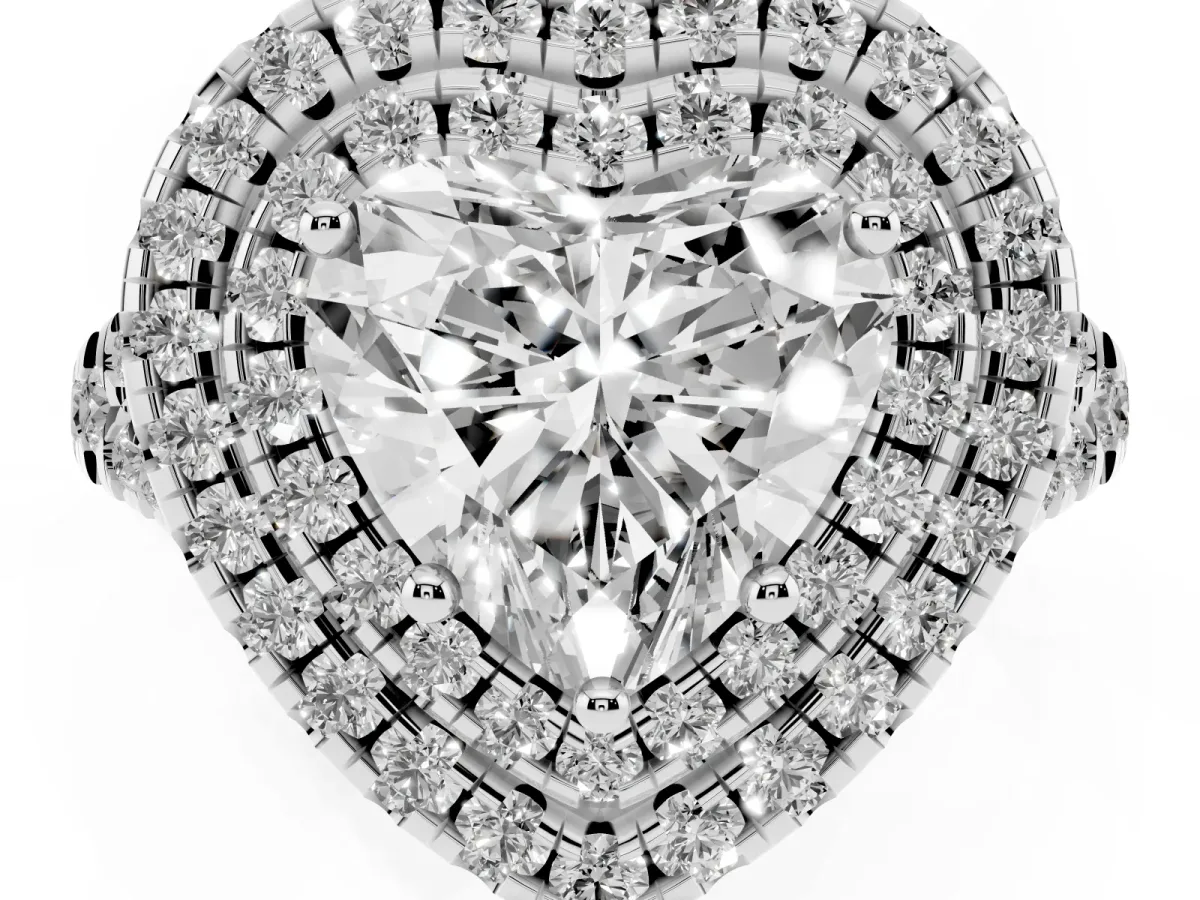 Double Halo Heart Cut Diamond Pavé Split Shank Ring with Prong Setting Silver