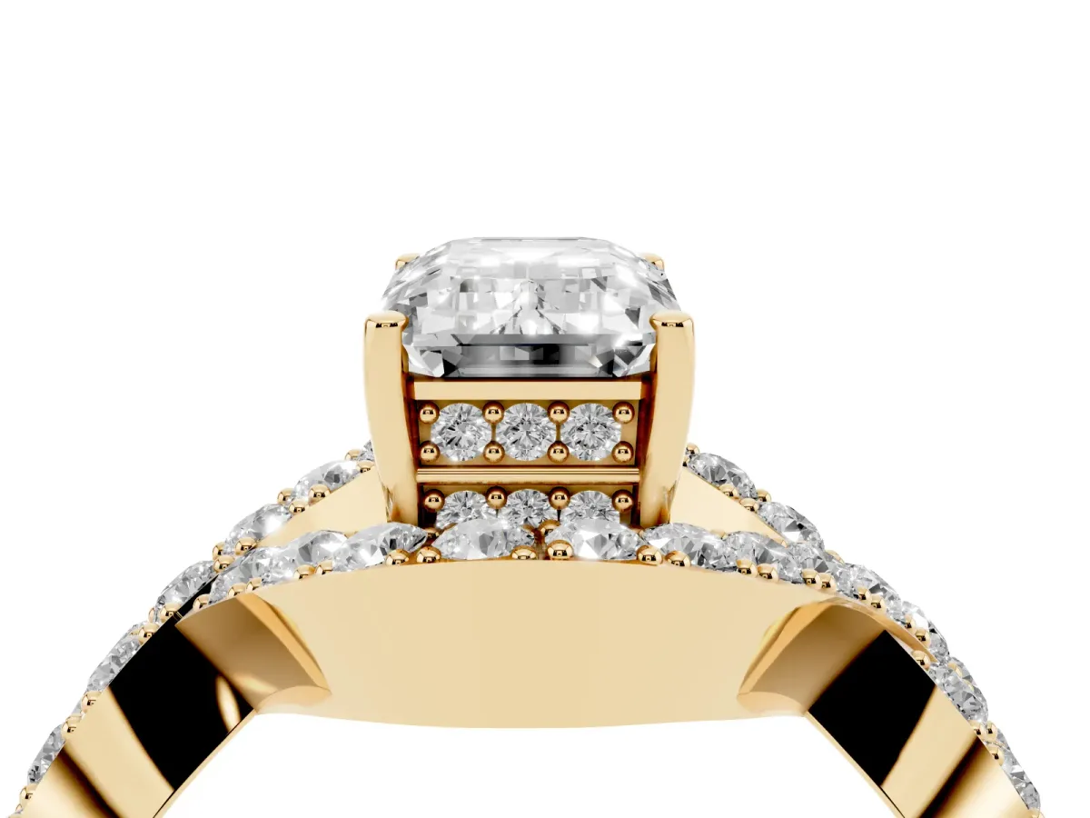 Emerald Cut Solitaire Twist Band Pavé Diamond Engagement Ring Yellow gold