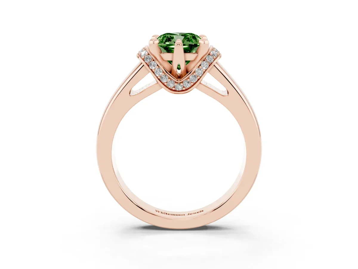 Fancy Green Cushion Cut Solitaire Diamond Ring with Pave Band and Six-Prong Setting Rose gold