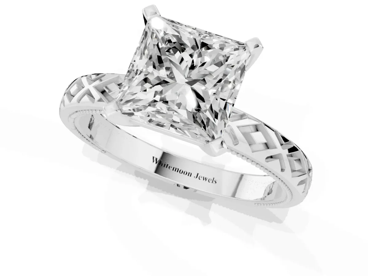 Princess Cut Solitaire Diamond Ring with Milgrain and Black Enamel X Pattern Band Silver