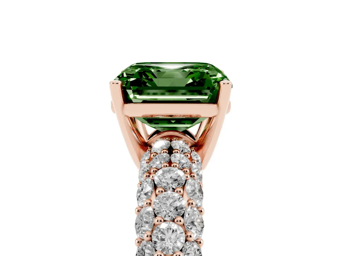 Fancy Green Asscher Cut Diamond Pavé Band Solitaire Ring with Four-Prong Setting Rose gold