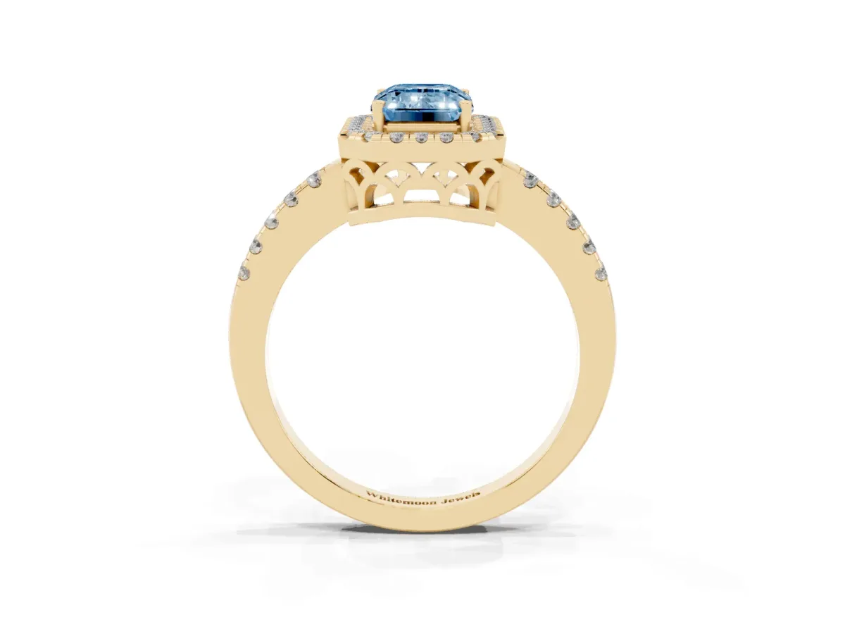 Fancy Blue Emerald Cut Halo Diamond Engagement Ring with Pavé Band and Four-Prong Setting Yellow gold