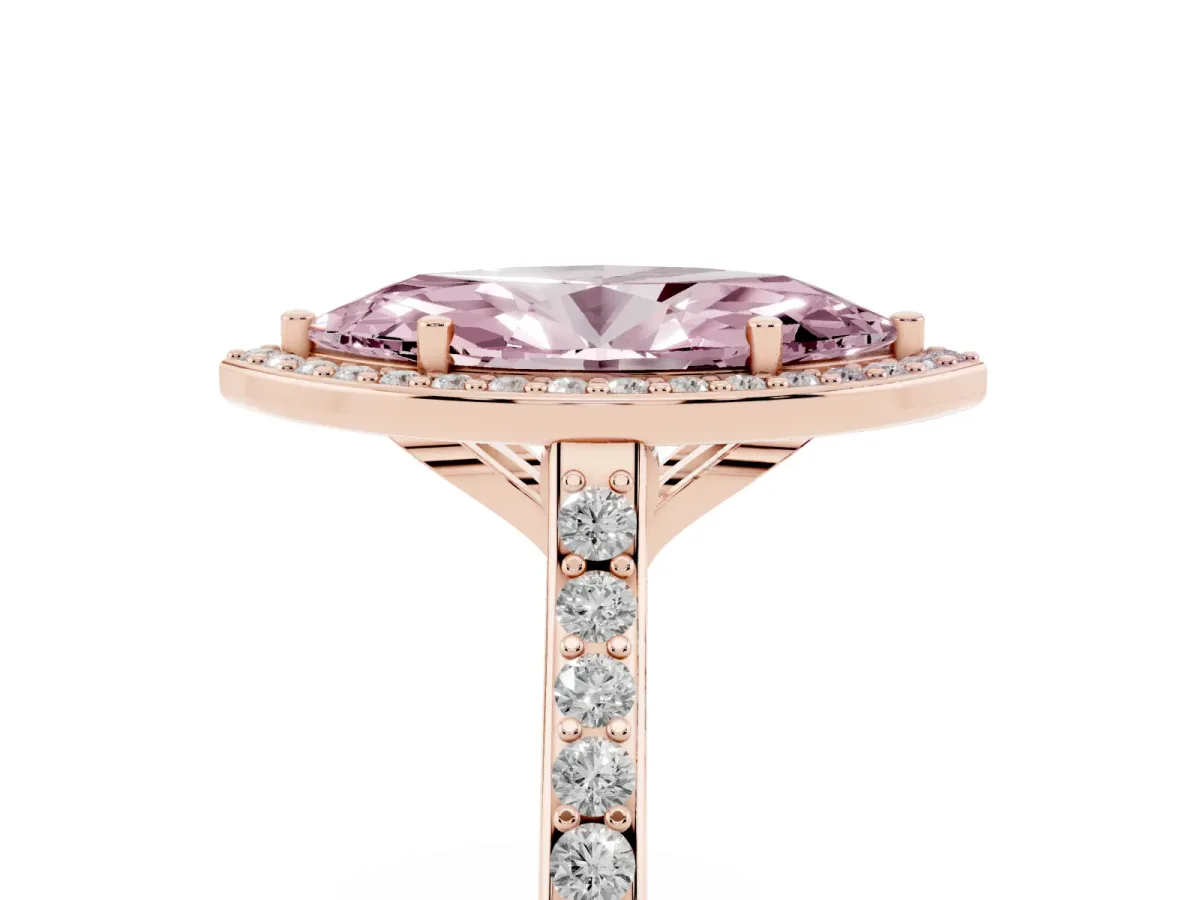 Fancy Pink Marquise Cut Diamond Halo Engagement Ring with Round Pavé Shoulders and Prong Setting Rose gold