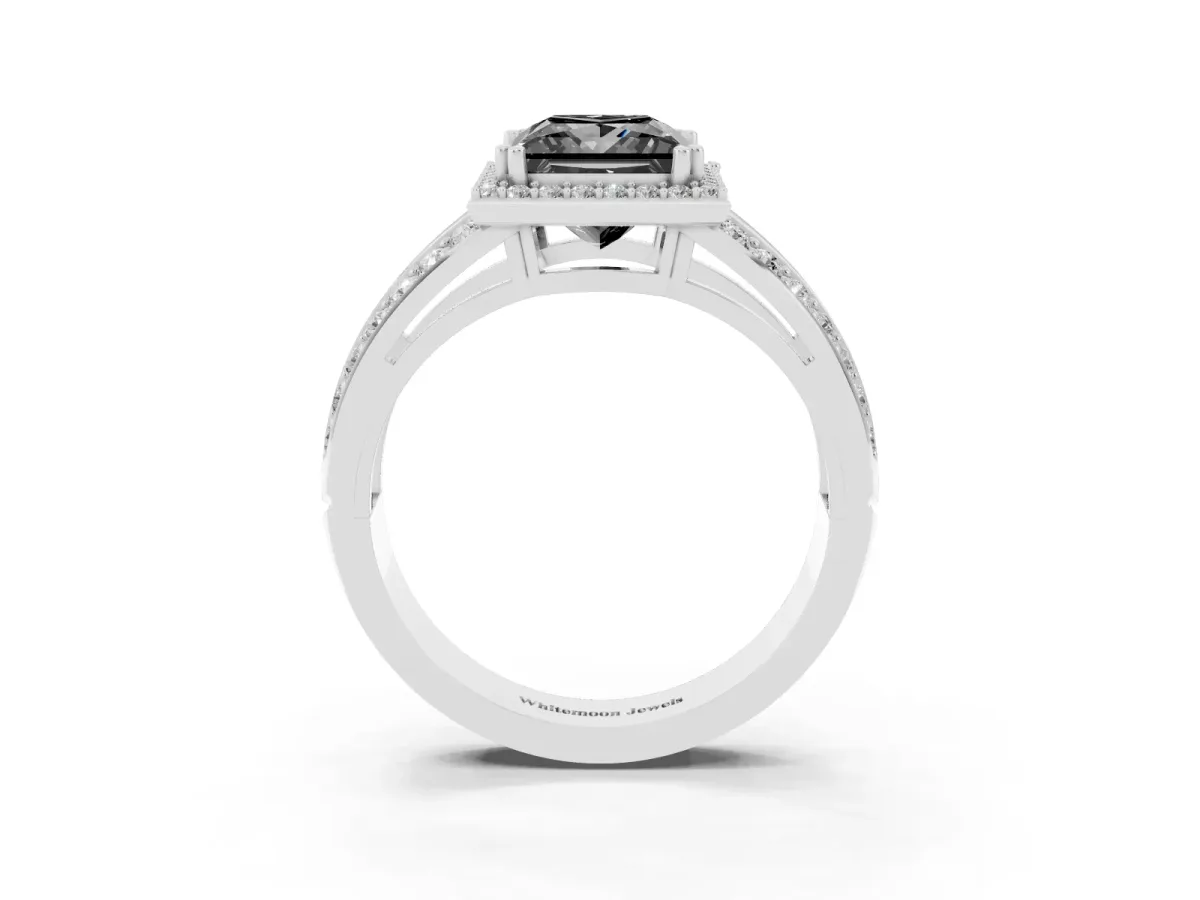 Fancy Black Princess Cut Diamond Halo Ring with Split Shank Pavé Band and Four-Prong Setting Platinum