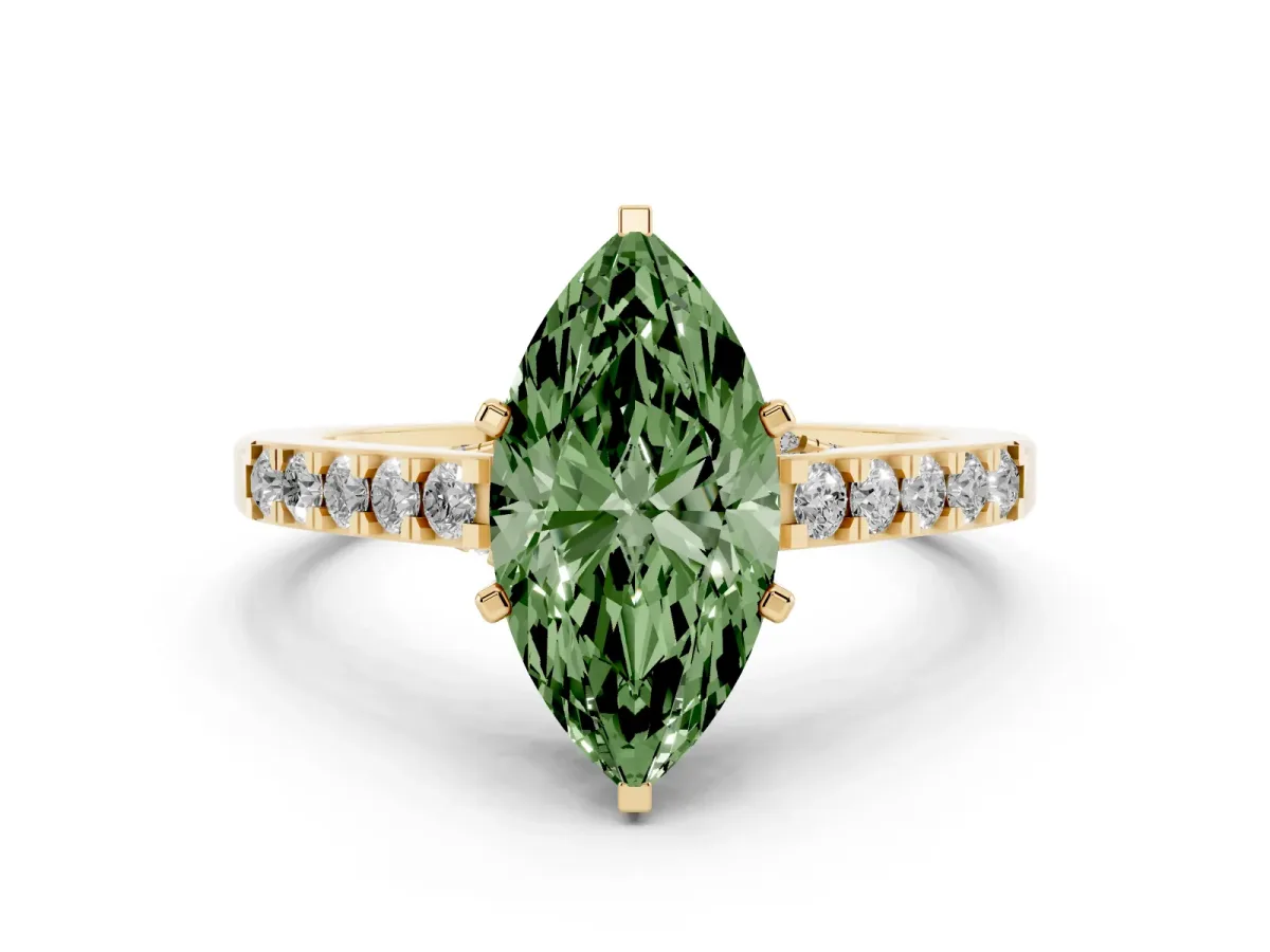 Fancy Green Marquise Cut Diamond Solitaire Ring with Crossover Gallery and Round Pavé Band Yellow gold