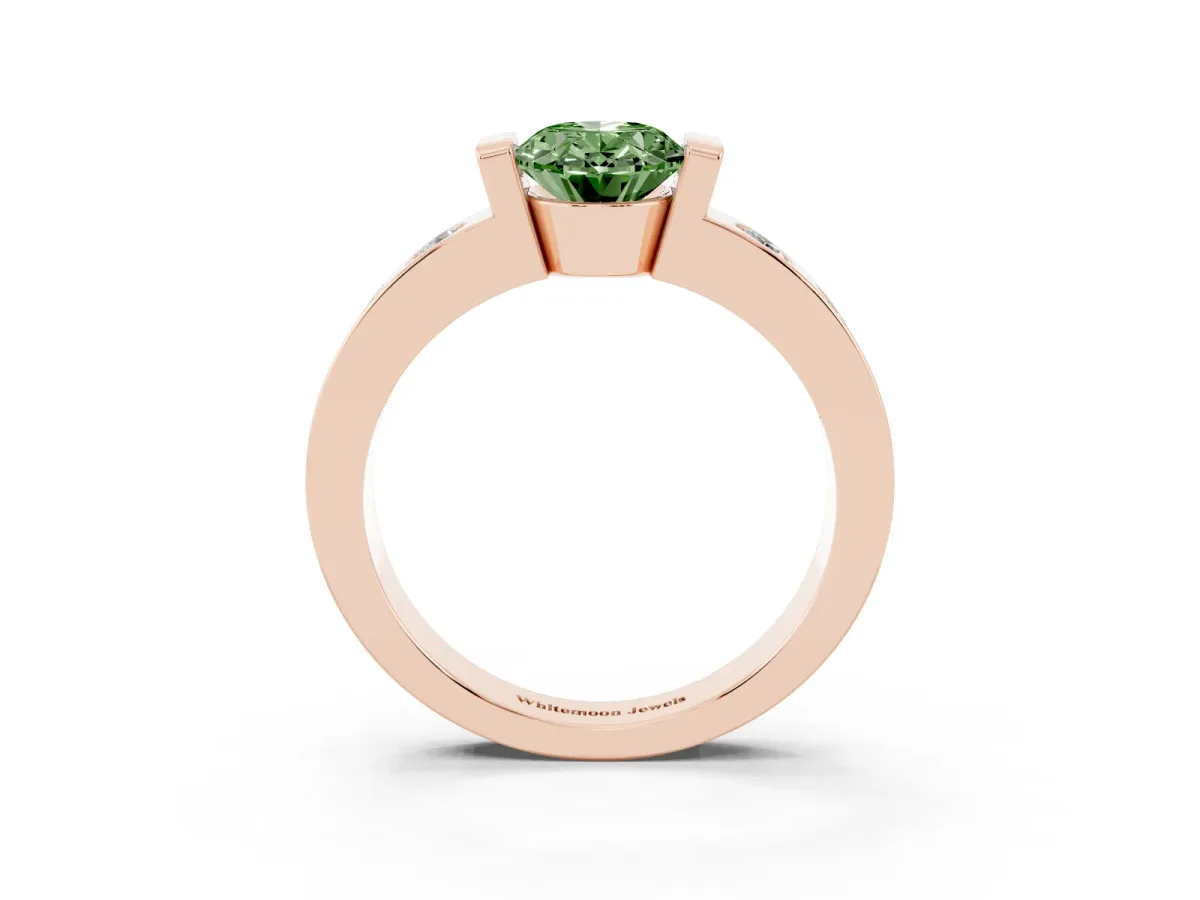 Fancy Green Oval Cut Brilliant Channel-Set Diamond Ring with Bezel Prong Setting Rose gold