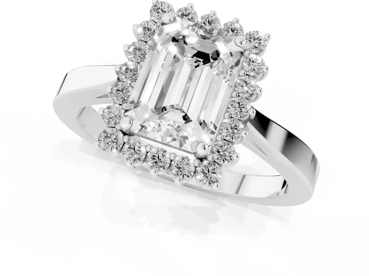 Emerald Cut Cut Diamond Halo Ring with Round Brilliant Halo and Solitaire Band Silver