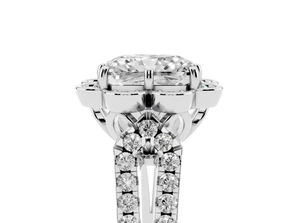 Radiant Cut Halo Diamond Floral Split Shank Engagement Ring Silver