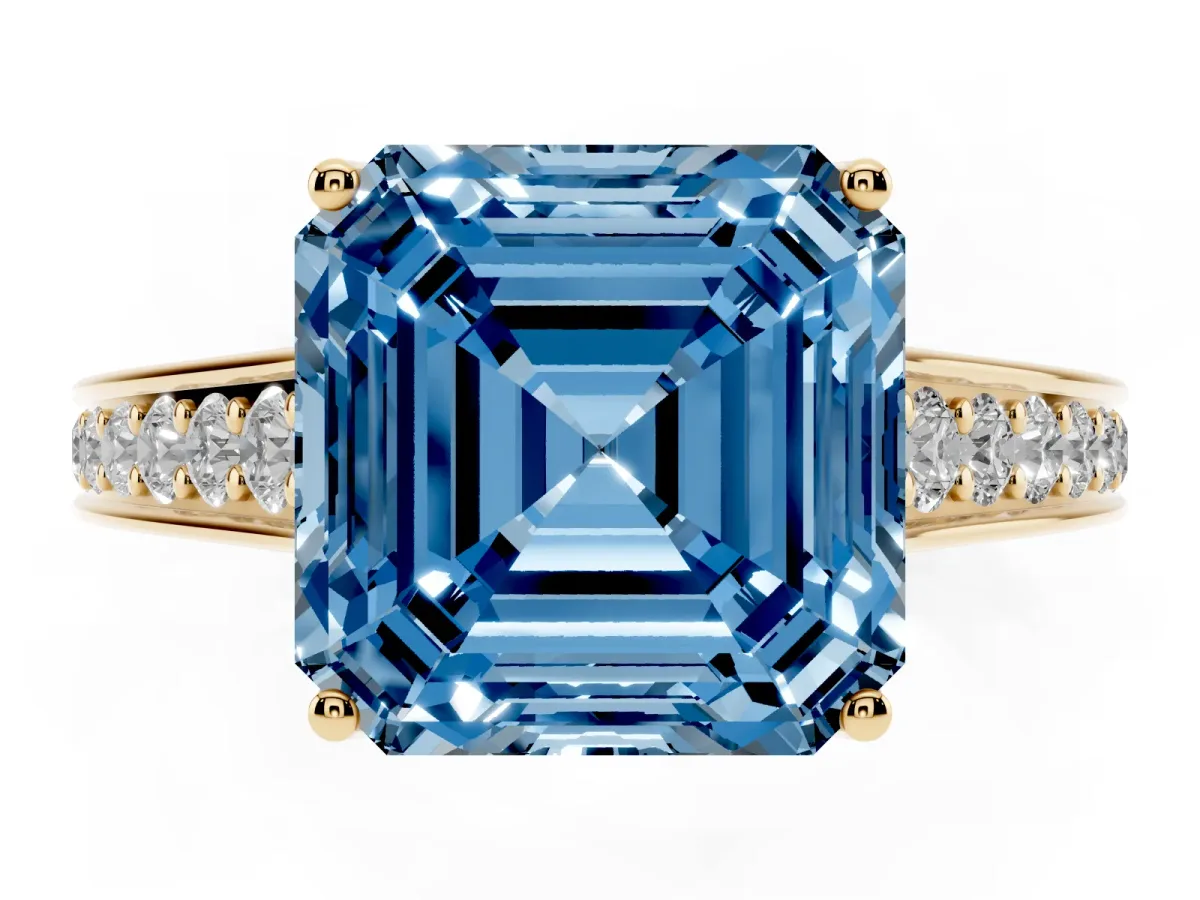 Fancy Blue Asscher Cut Brilliant Cut Diamond Engagement Ring with Pavé Band and Four-Prong Setting Yellow gold