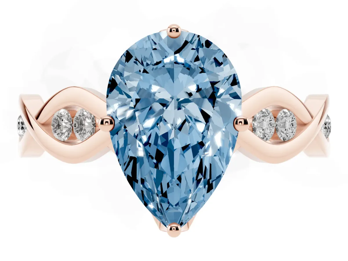 Fancy Blue Pear Cut Solitaire Twist Band with Leaf Prong Setting Rose gold