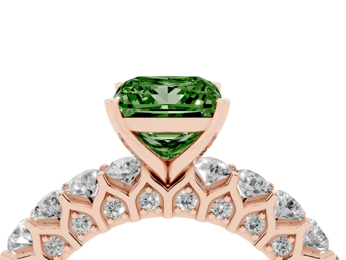 Fancy Green Princess Cut Diamond Solitaire Ring with Shared Prong Pavé Band and Four-Prong Setting Rose gold