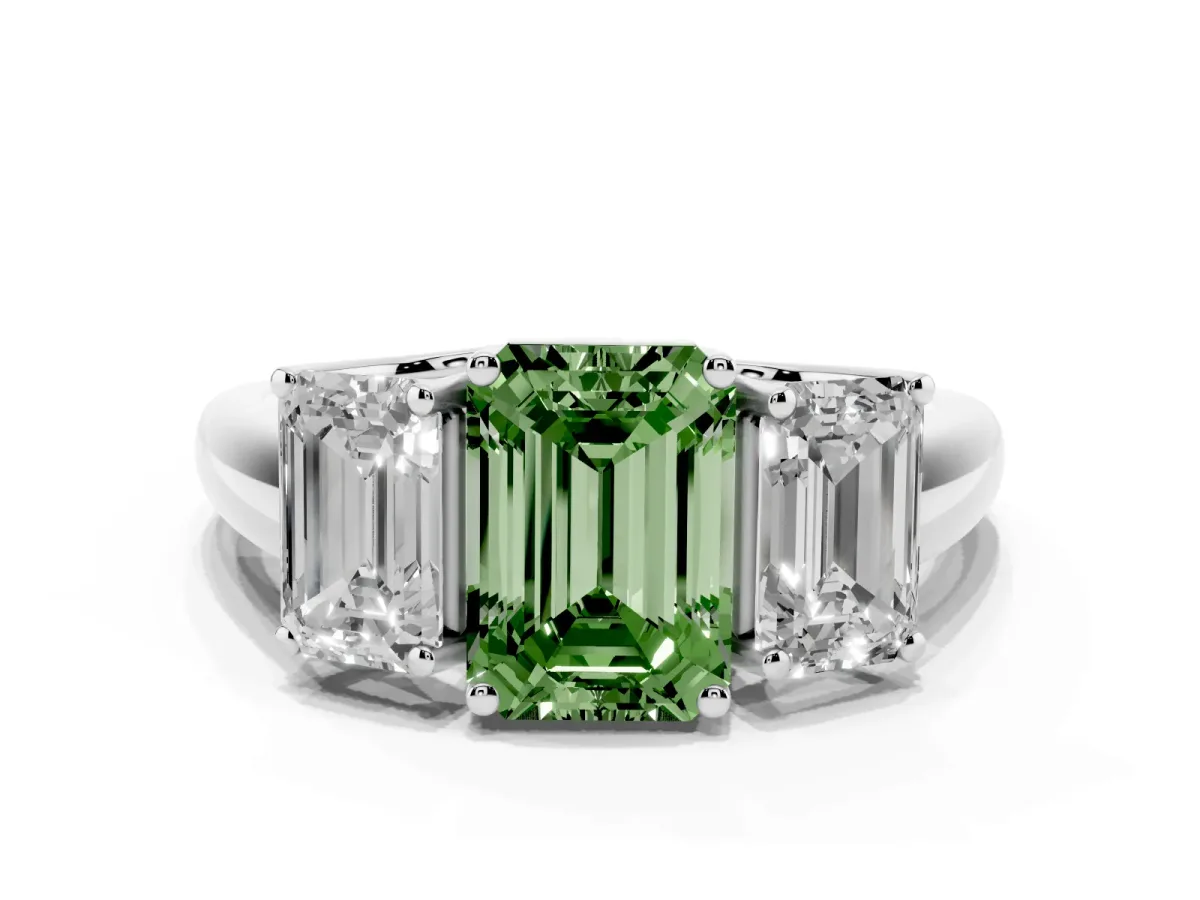 Fancy Green Three-Stone Emerald Cut Diamond Engagement Ring with Prong Setting White gold