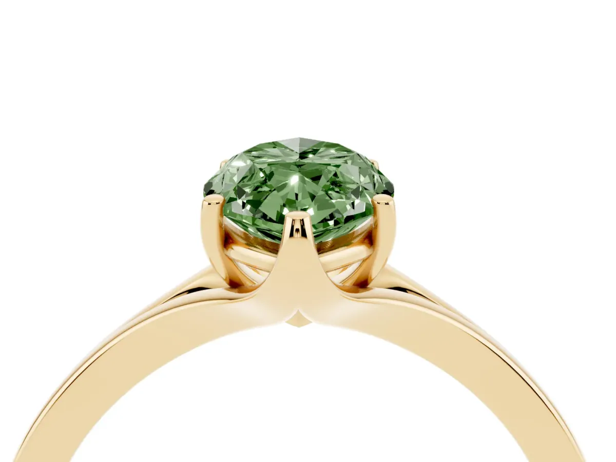 Fancy Green Marquise Cut Solitaire Diamond Ring with Six-Prong Setting and Tapered Band Yellow gold