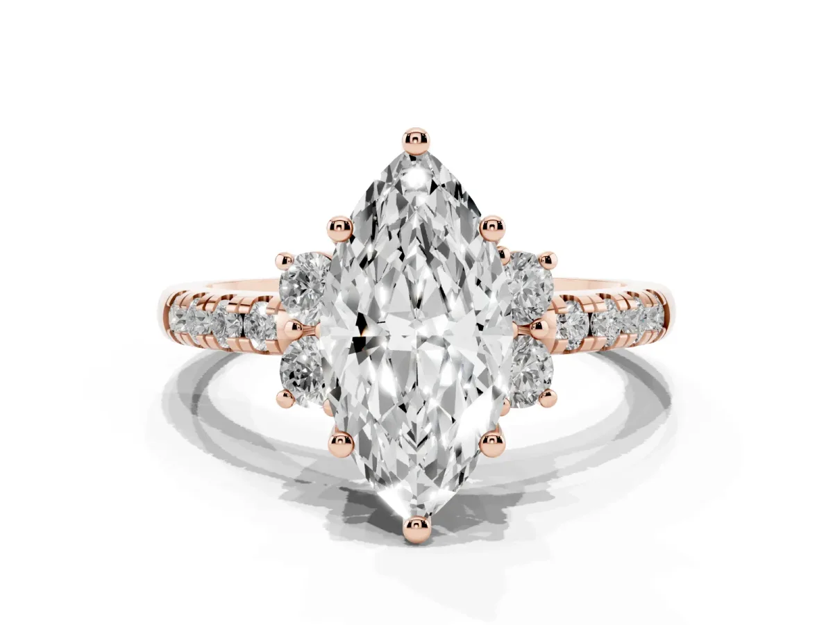 Marquise Cut Diamond Three-Stone Pave Band with Four-Prong Setting Rose gold