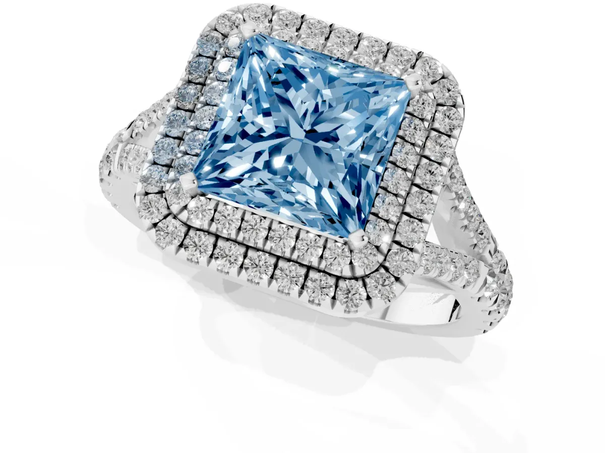 Fancy Blue Princess Cut Diamond Pavé Split Shank Double Halo Engagement Ring Platinum