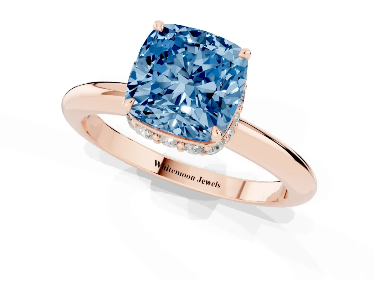 Fancy Blue Cushion Cut Brilliant Solitaire Engagement Ring with Six-Prong Setting and Classic Band Rose gold