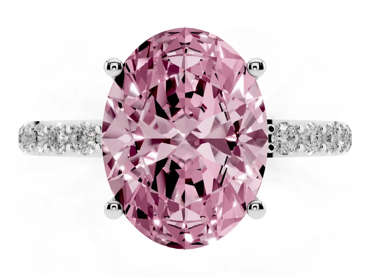 Fancy Pink Oval Cut Diamond Solitaire Ring with Round Pavé Shoulders and Prong Setting Silver