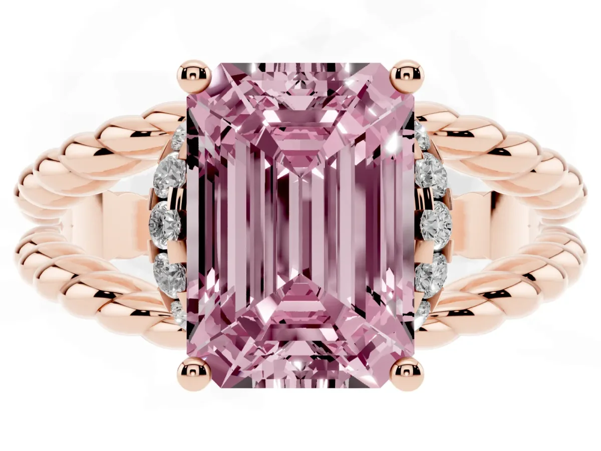Fancy Pink Emerald Cut Halo Twisted Band Four-Prong Ring Rose gold