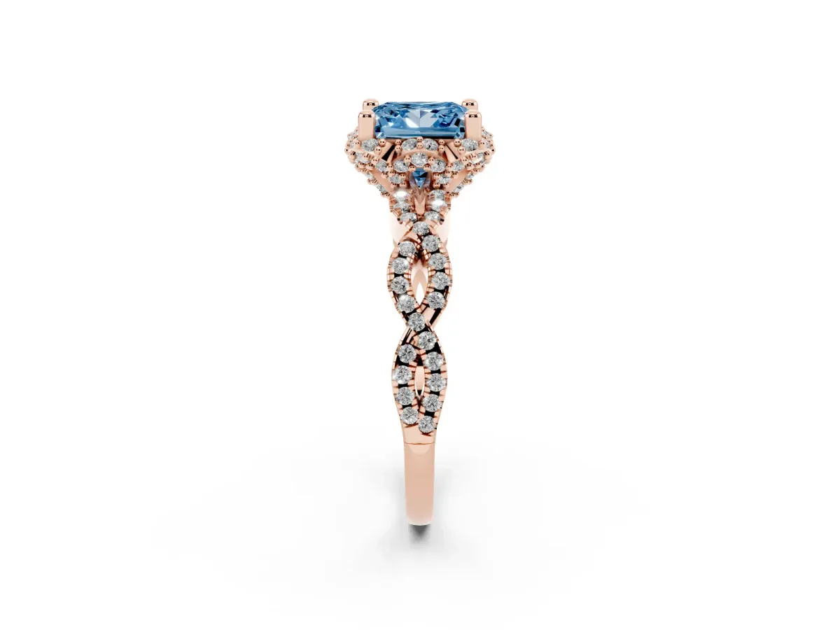 Fancy Blue Princess Cut Halo Twist Band Solitaire Ring with Six-Prong Setting Rose gold