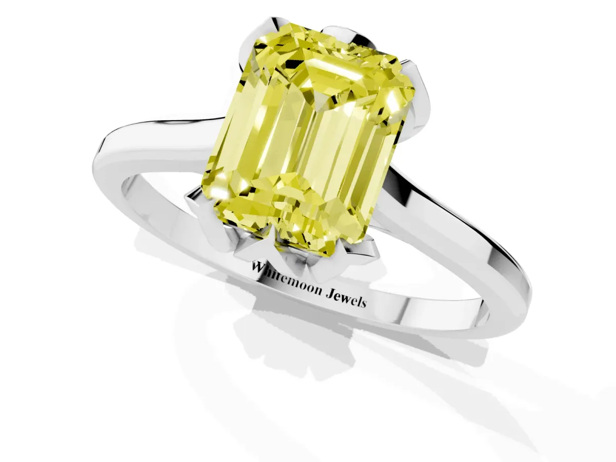 Fancy Yellow Emerald Cut Diamond Solitaire Ring with Flower Prong Setting and Classic Band Silver