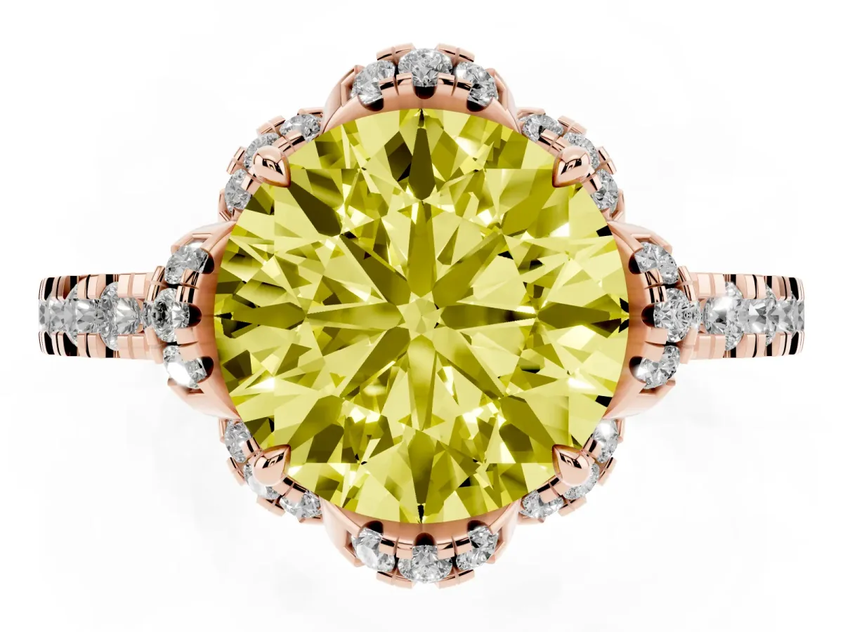Fancy Yellow Round Cut Halo Diamond Pave Band Ring with Four-Prong Setting Rose gold