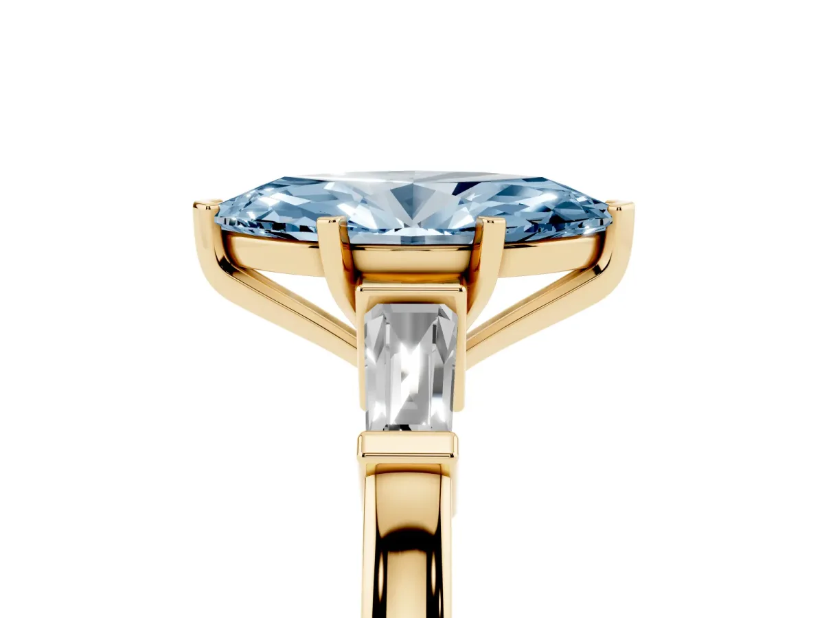 Fancy Blue Marquise Cut Cut Diamond Solitaire Ring with Tapered Baguette Accents and Four-Prong Setting Yellow gold