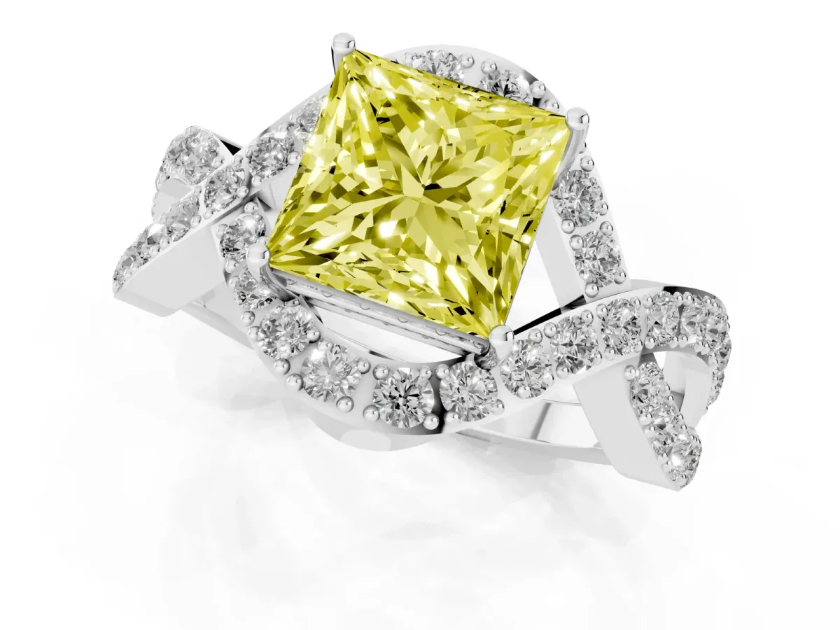 Fancy Yellow Princess Cut Solitaire Twist Band Pavé Diamond Engagement Ring Silver