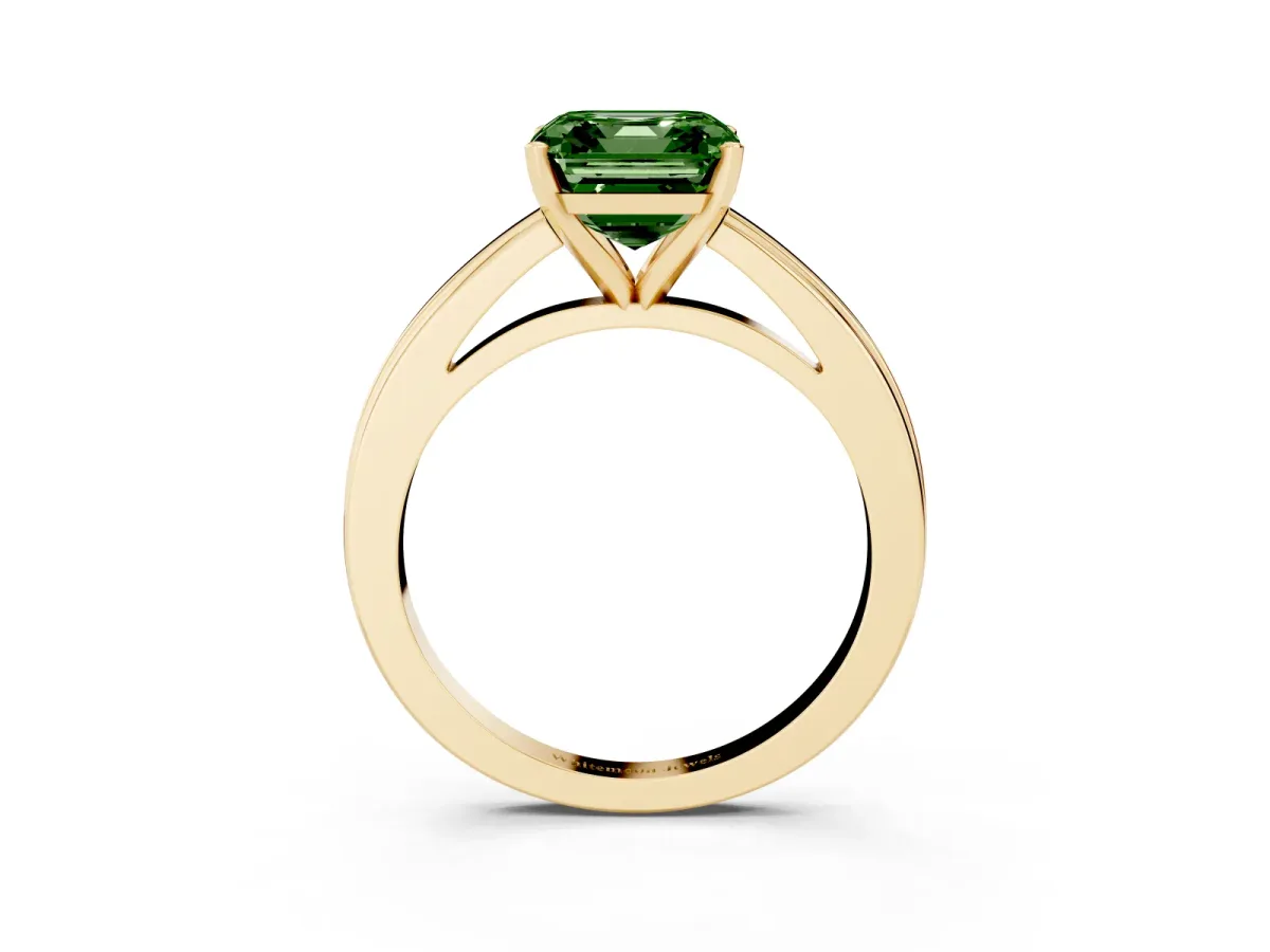 Fancy Green Asscher Cut Solitaire Diamond Ring with Four-Prong Setting and Classic Band Yellow gold