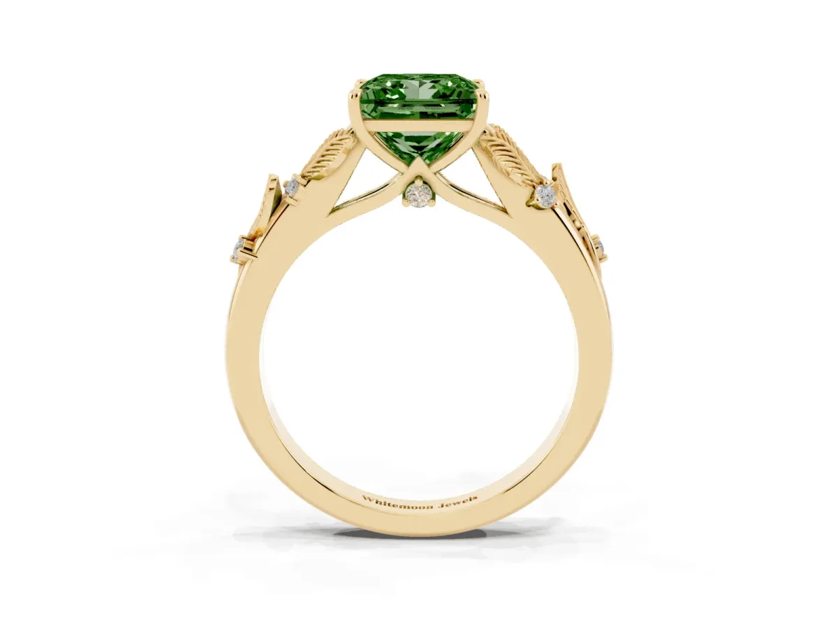 Fancy Green Princess Cut Diamond Solitaire Ring with Leaf Motif Band and Four-Prong Setting Yellow gold