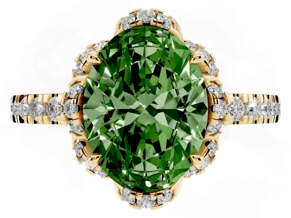 Fancy Green Oval Cut Halo Diamond Pave Band Ring with Four-Prong Setting Yellow gold