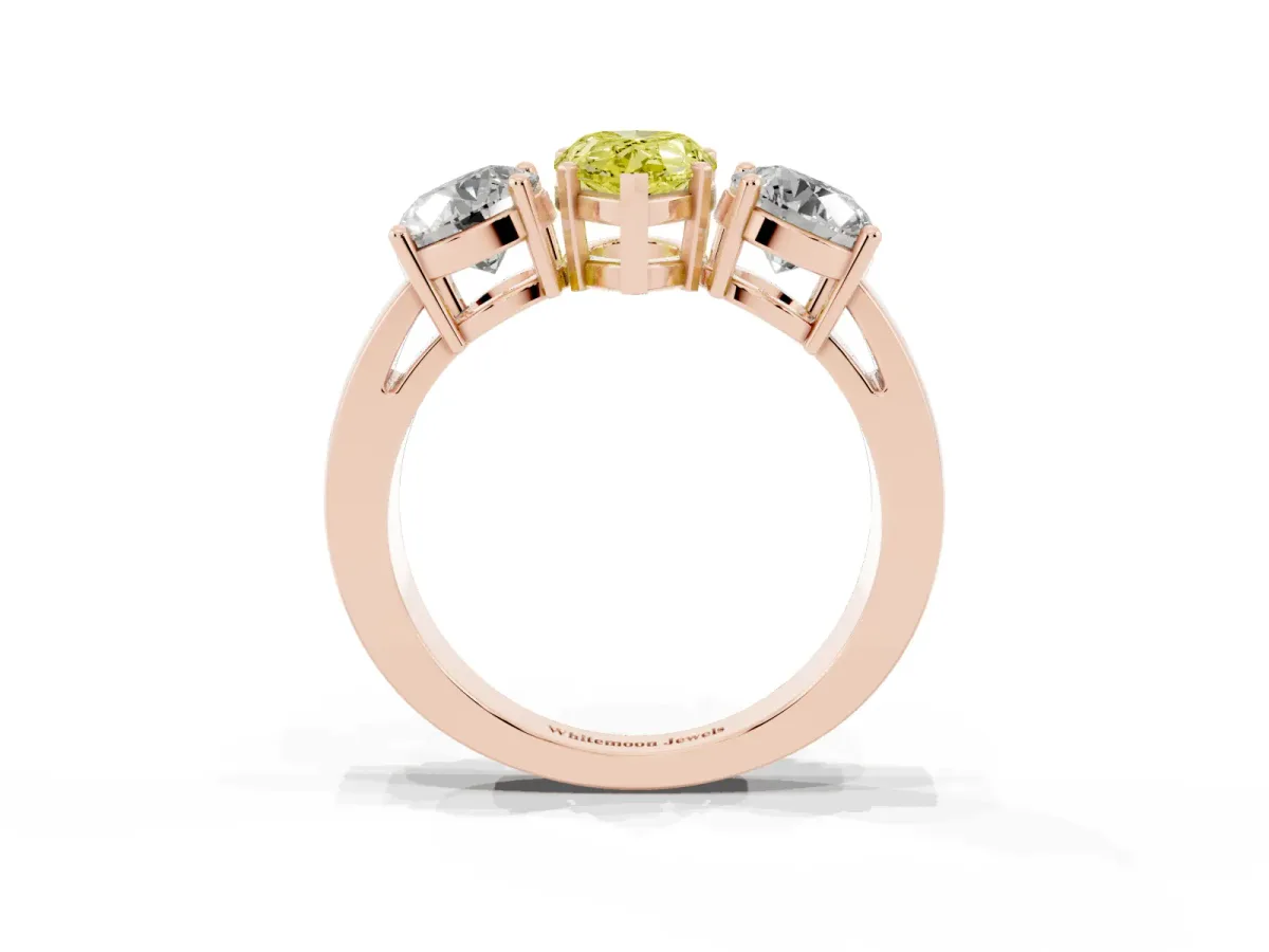 Fancy Yellow Three-Stone Pear Cut Diamond Ring with Round Side Stones, Classic Band, and Four-Prong Setting Rose gold
