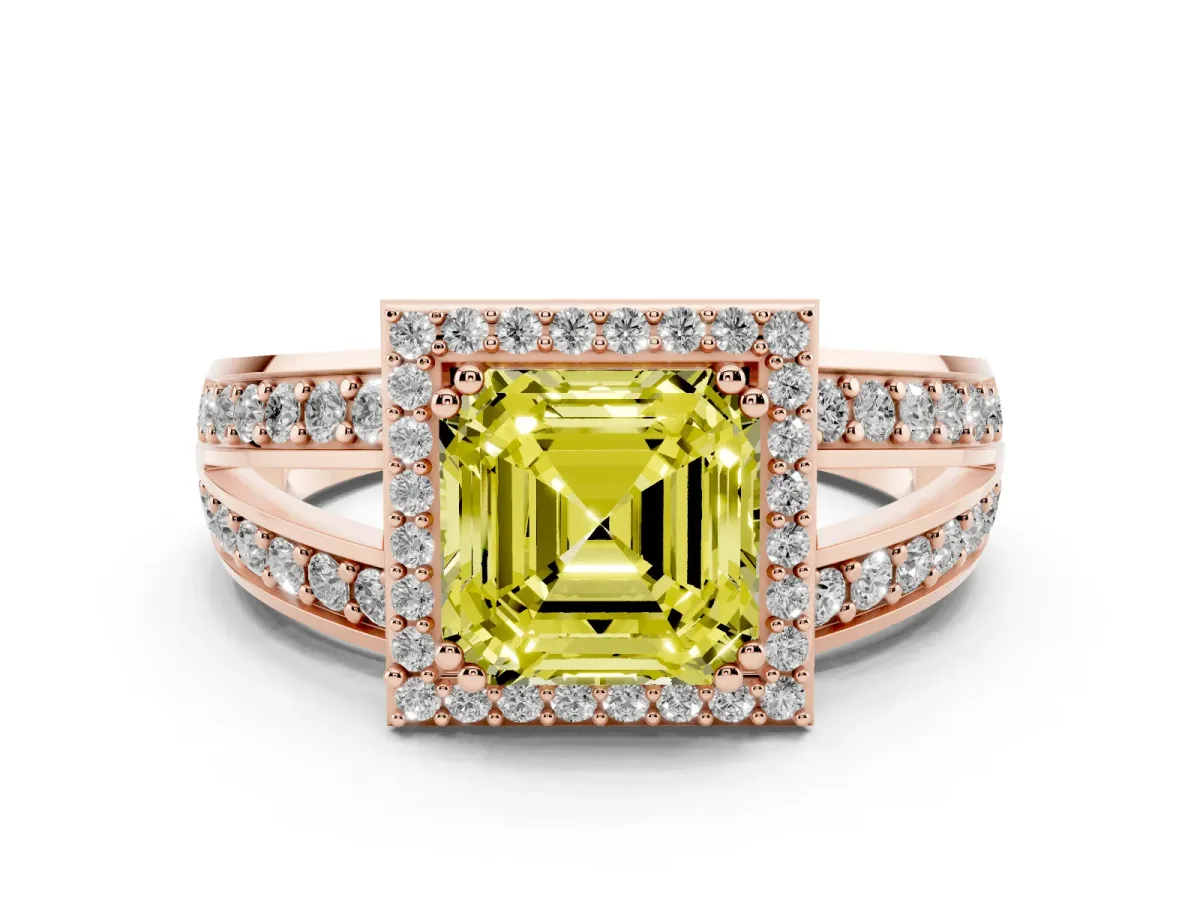 Fancy Yellow Asscher Cut Diamond Halo Ring with Split Shank Pavé Band and Four-Prong Setting Rose gold