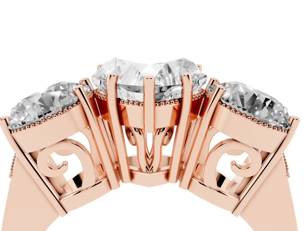 Three-Stone Heart Cut Diamond Engagement Ring with Prong Setting on a Classic Band Rose gold