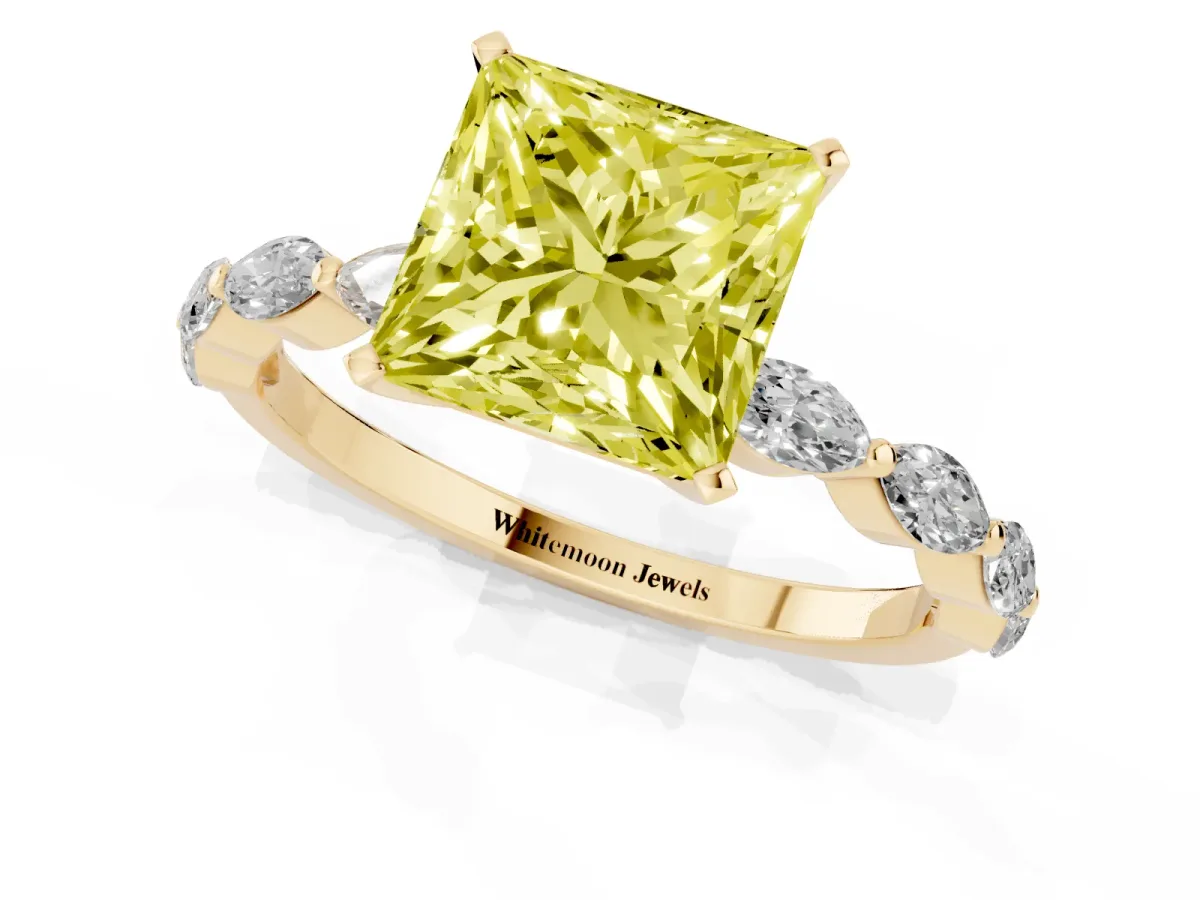 Fancy Yellow Princess Cut Diamond Ring with Marquise Side Stones and Prong Setting Yellow gold