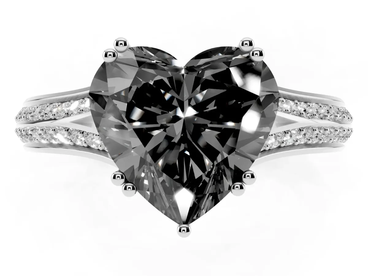 Fancy Black Heart Cut Diamond Split Shank Engagement Ring with Pavé Band Silver