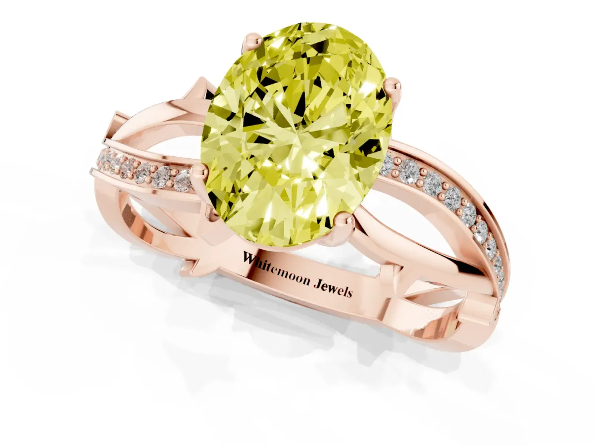 Fancy Yellow Oval Cut Solitaire Twist Band with Pavé Accents and Four-Prong Setting Rose gold