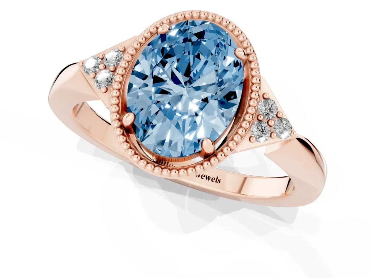 Fancy Blue Hexagonal Halo Oval Cut Diamond Solitaire with Pavé Band and Four-Prong Setting Rose gold