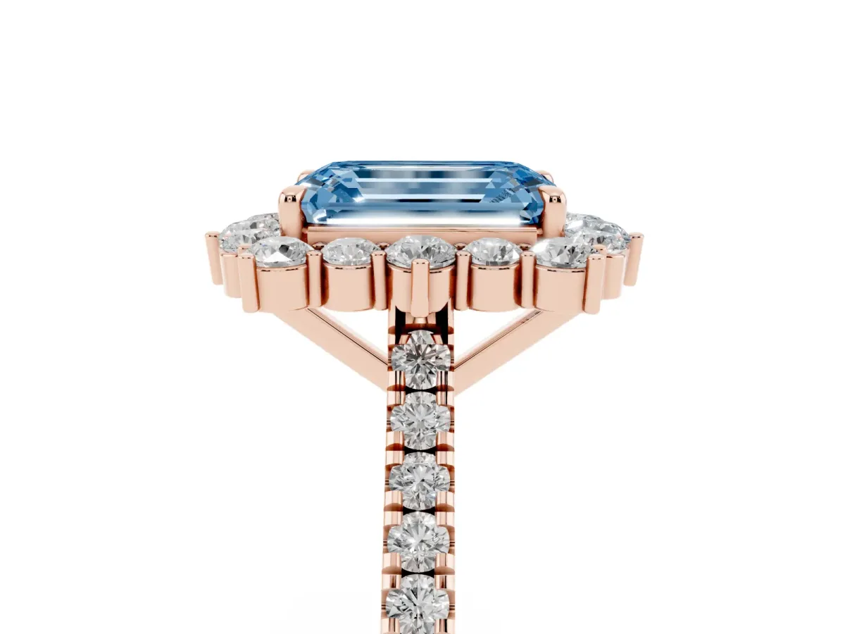 Fancy Blue Emerald Cut Halo Diamond Ring with Pavé Band and Prong Setting Rose gold