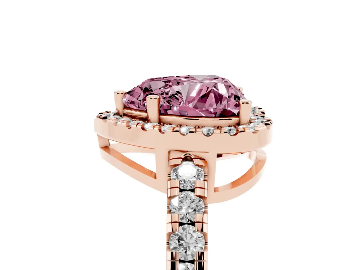 Fancy Pink Heart Cut Diamond Halo Ring with Pavé Band and Four-Prong Setting Rose gold