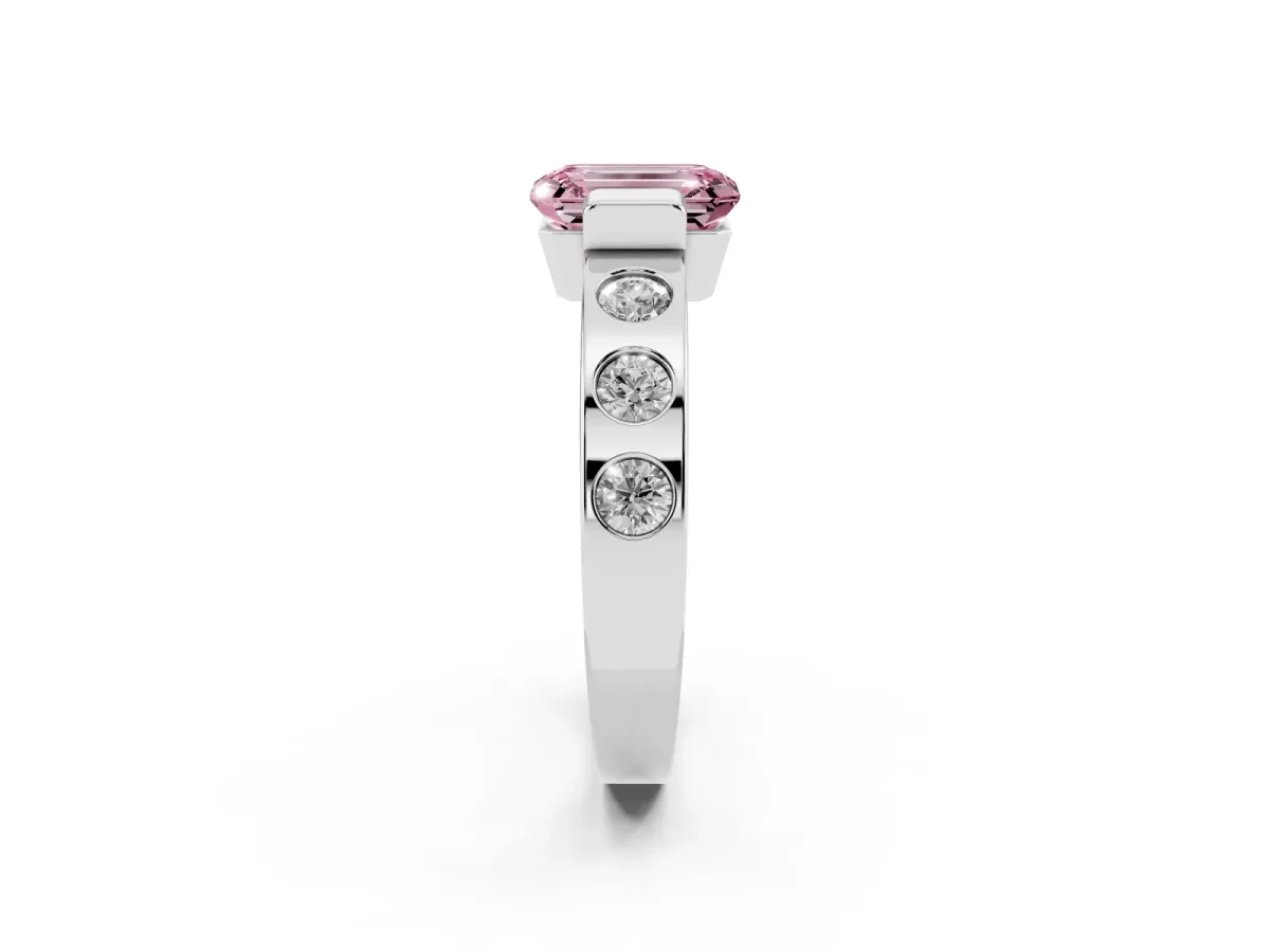 Fancy Pink Emerald Cut Brilliant Channel-Set Diamond Ring with Bezel Prong Setting Platinum