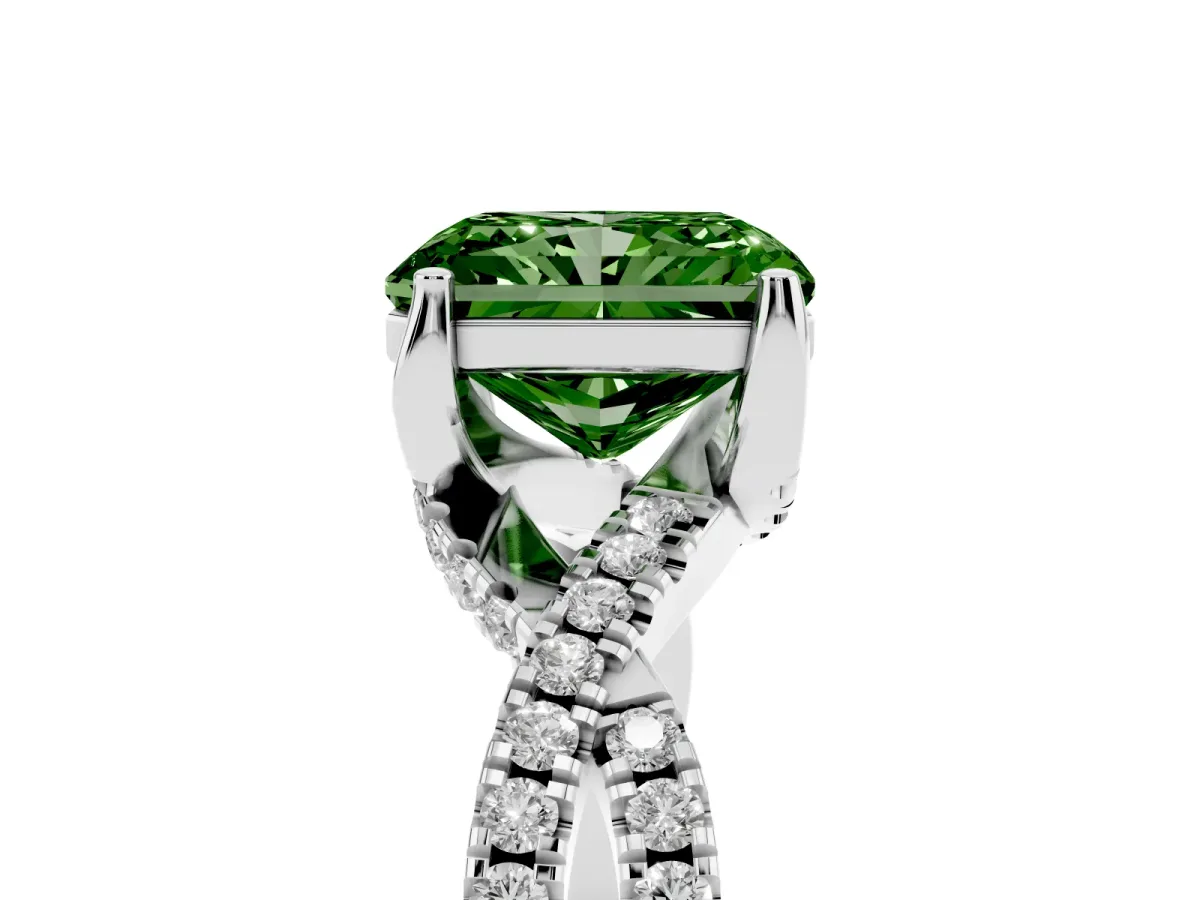 Fancy Green Radiant Cut Solitaire Twist Pave Diamond Engagement Ring with Prong Setting Silver