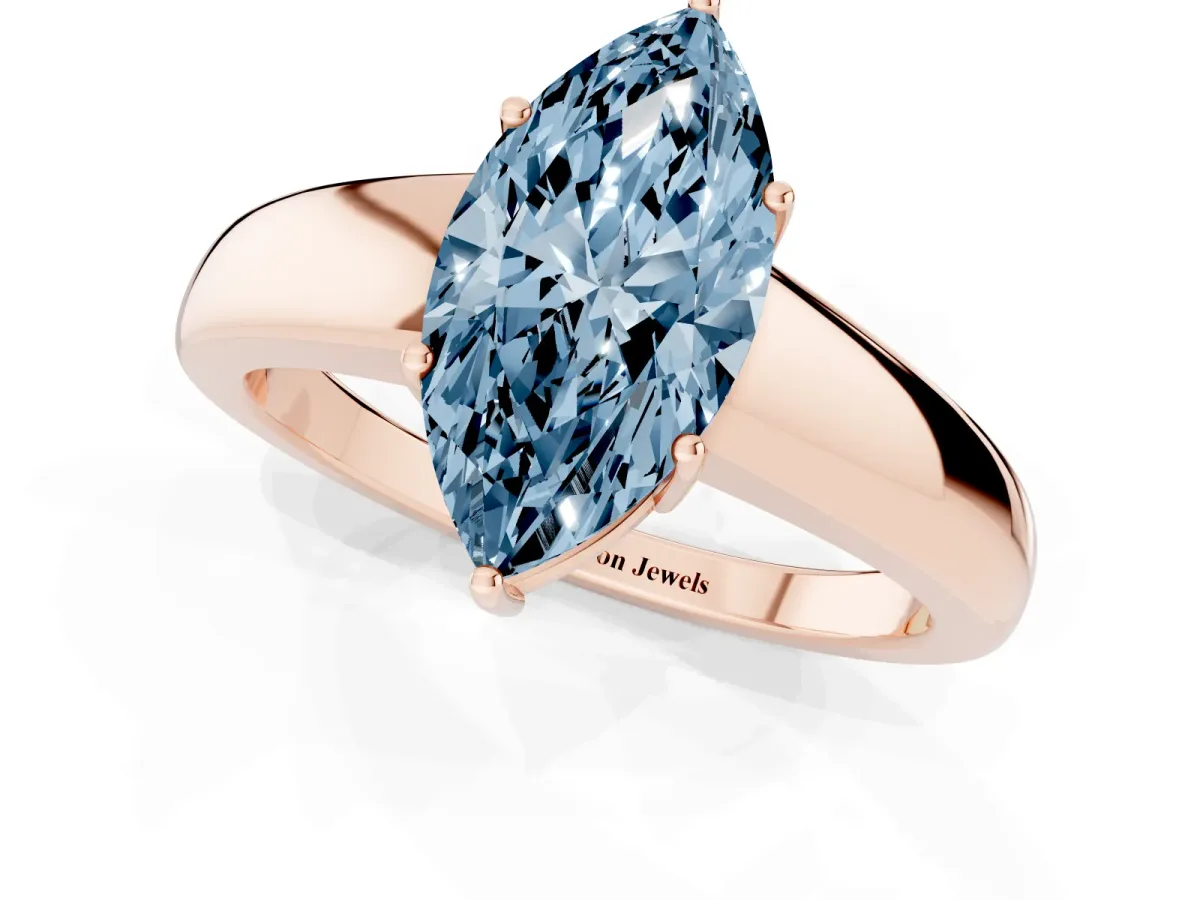 Fancy Blue Marquise Cut Solitaire Diamond Ring with Tapered Band and Four-Prong Setting Rose gold