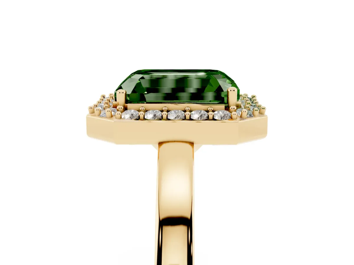 Fancy Green Radiant Cut Halo Diamond Ring with Solitaire Band and Prong Setting Yellow gold