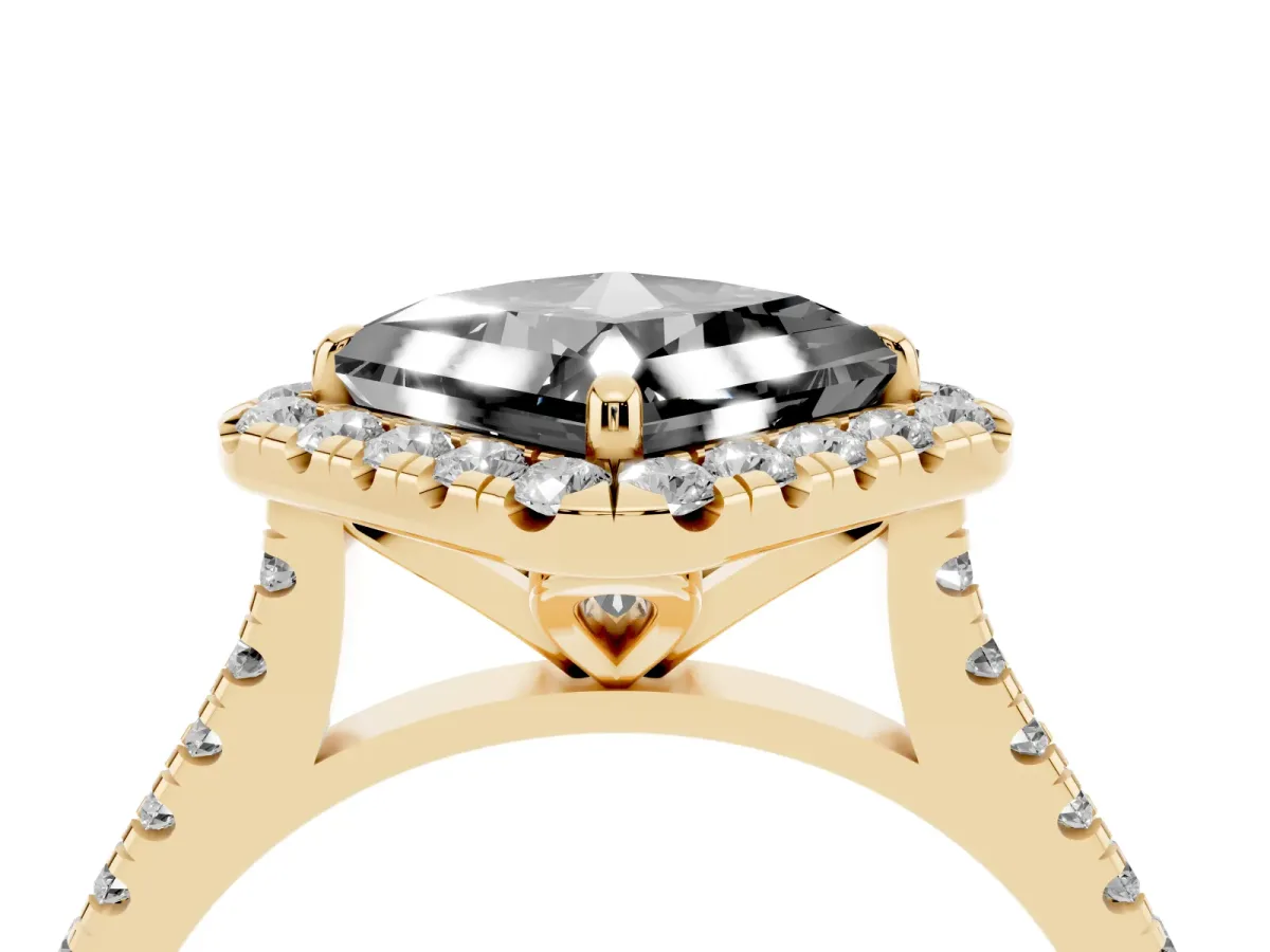 Fancy Black Princess Cut Diamond Cushion Halo Ring with Pavé Band Yellow gold