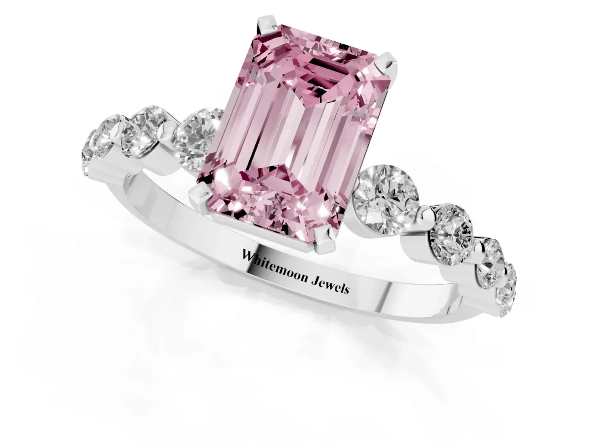 Fancy Pink Emerald Cut Solitaire Diamond Ring with Pave Band and Four-Prong Setting Platinum
