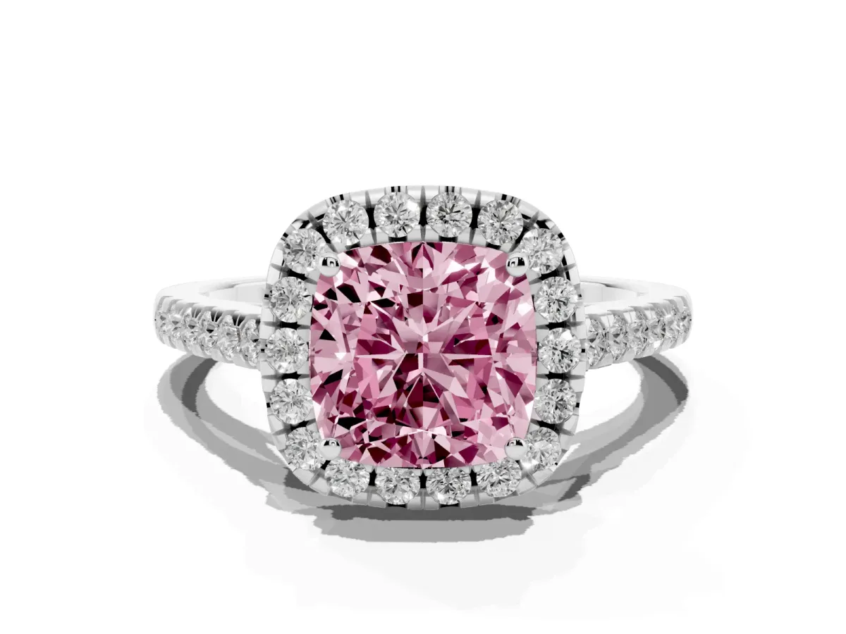 Fancy Pink Cushion Cut Halo Pavé Diamond Engagement Ring with Four-Prong Setting Silver
