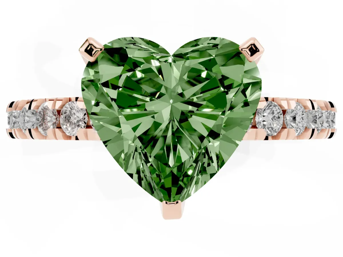 Fancy Green Heart Cut Diamond Pavé Band Solitaire with Four-Prong Setting Rose gold