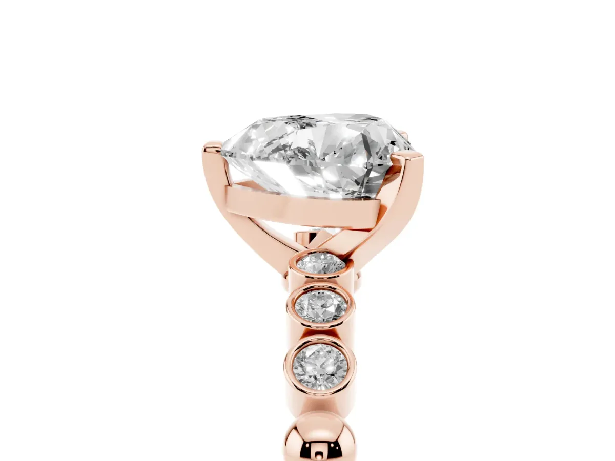 Heart Cut Solitaire Bezel Accent Diamond Engagement Ring with Beaded Band and Four-Prong Setting Rose gold