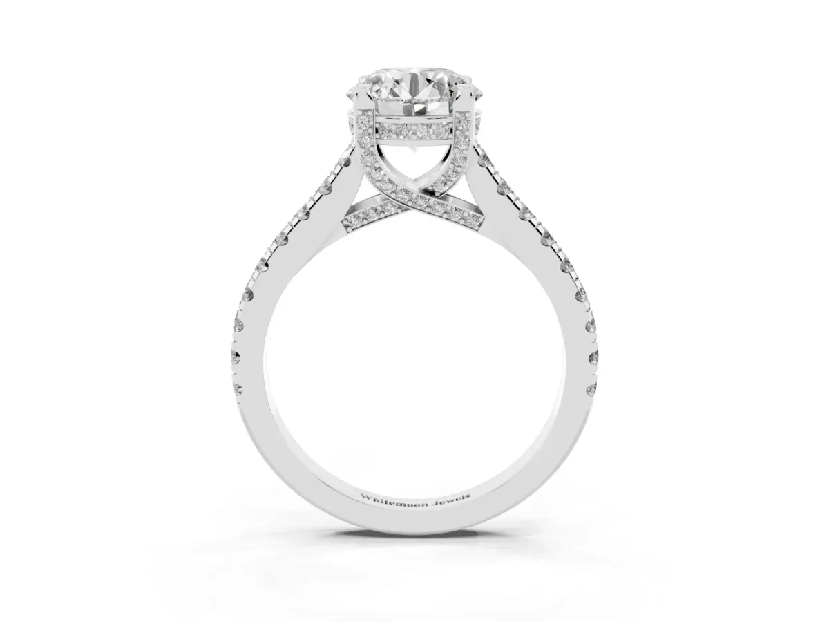 Round Cut Brilliant Diamond Solitaire with Pavé Band and Four-Prong Setting Silver