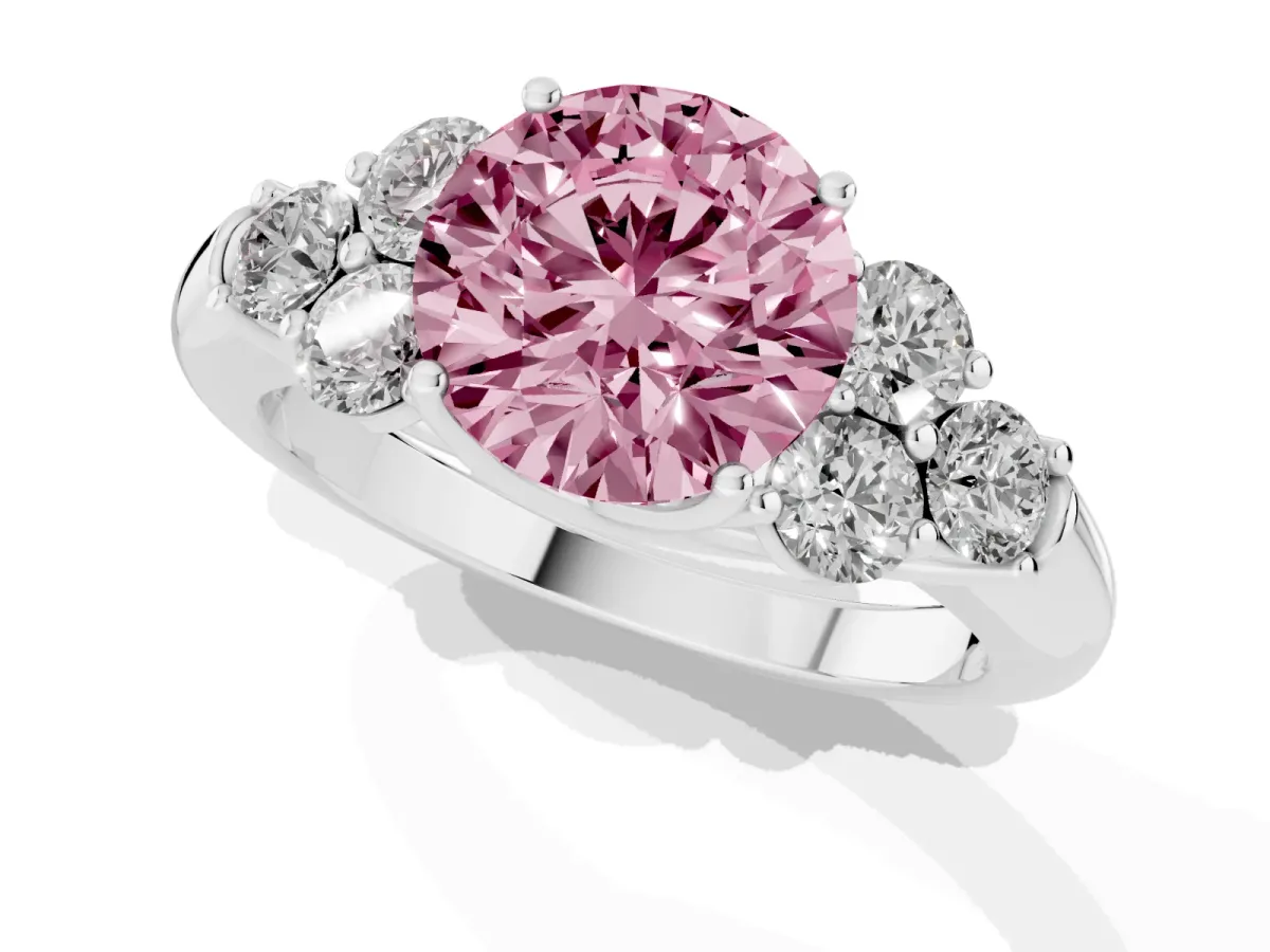 Fancy Pink Round Cut Cut Diamond Cluster Ring with Round Accent Stones and Prong Setting on a Classic Band White gold